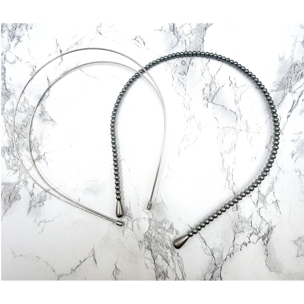 Lot of 2 Silver Tone Metal Headbands Plain and Beaded Hair Accessories